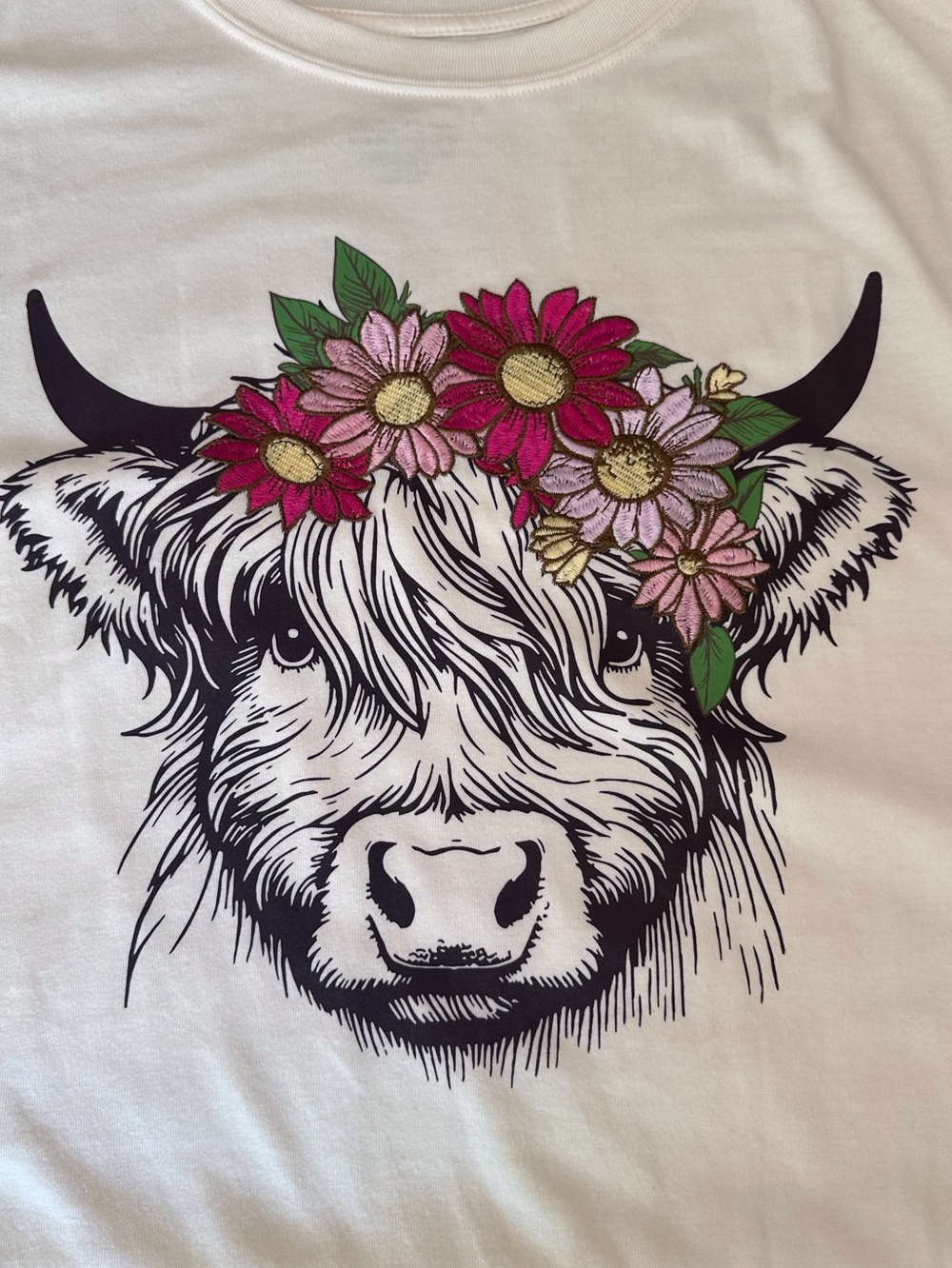 Floral Highland Cow Graphic Tee — White with Pink Flowers